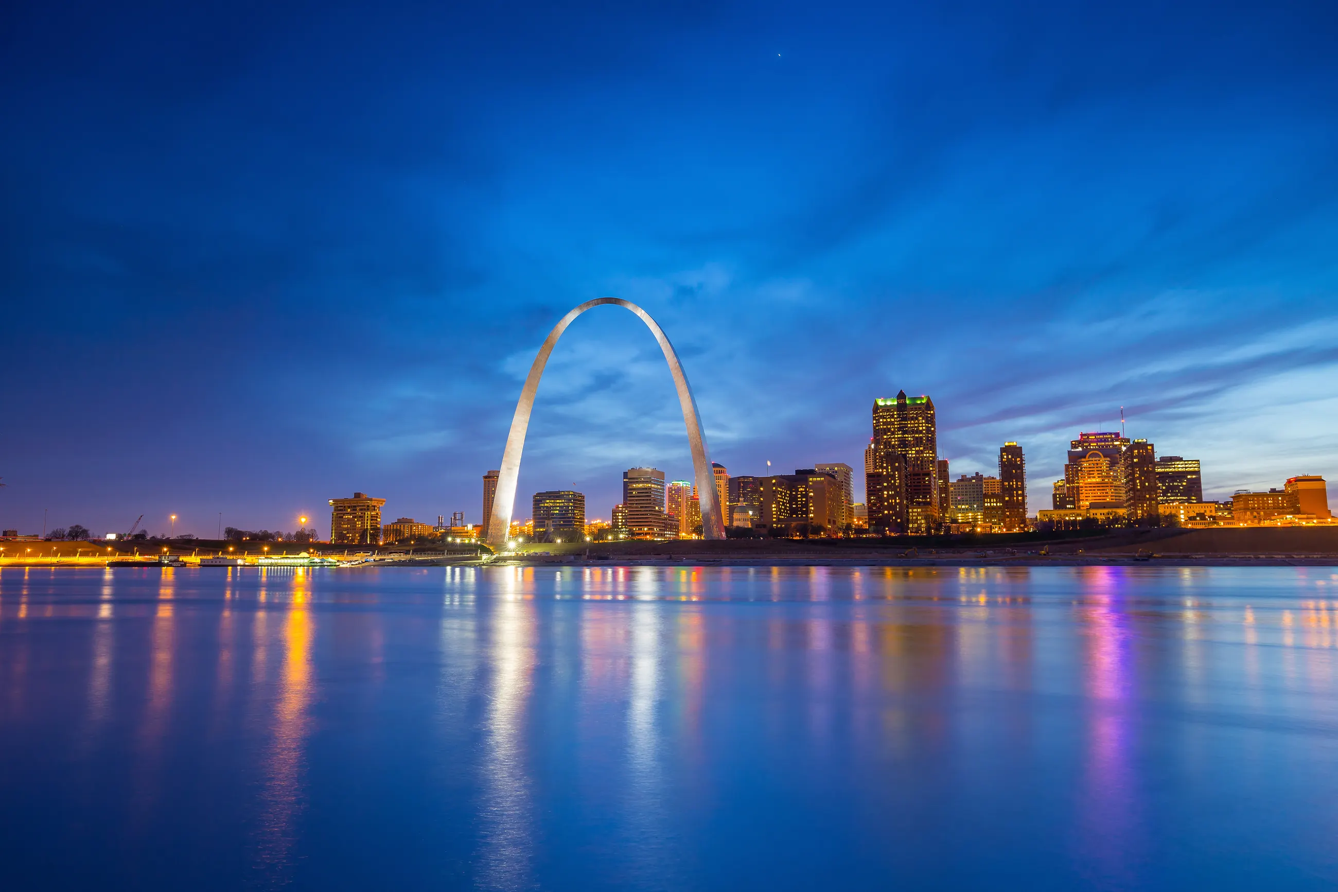 The Gateway Arch and St. Louis skyline at blue hour