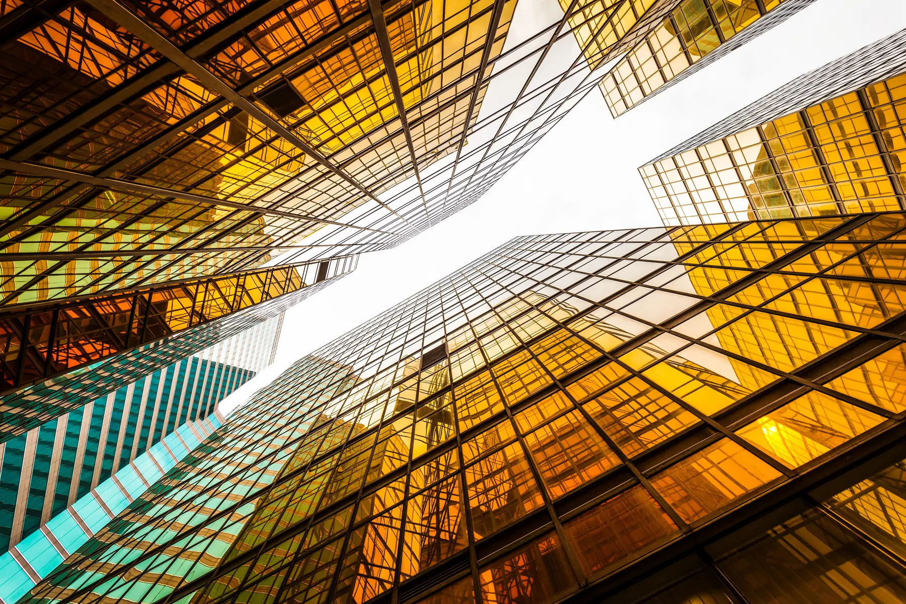 Glass towers seen from below in golden light