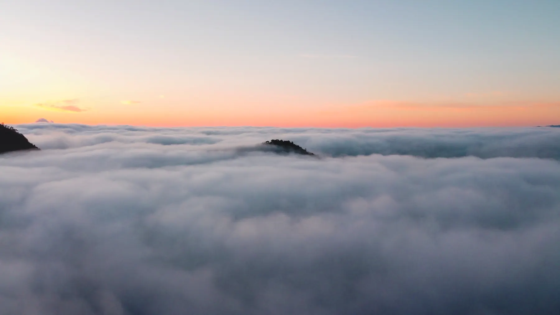 A mountain summit rising above a sea of clouds at sunrise