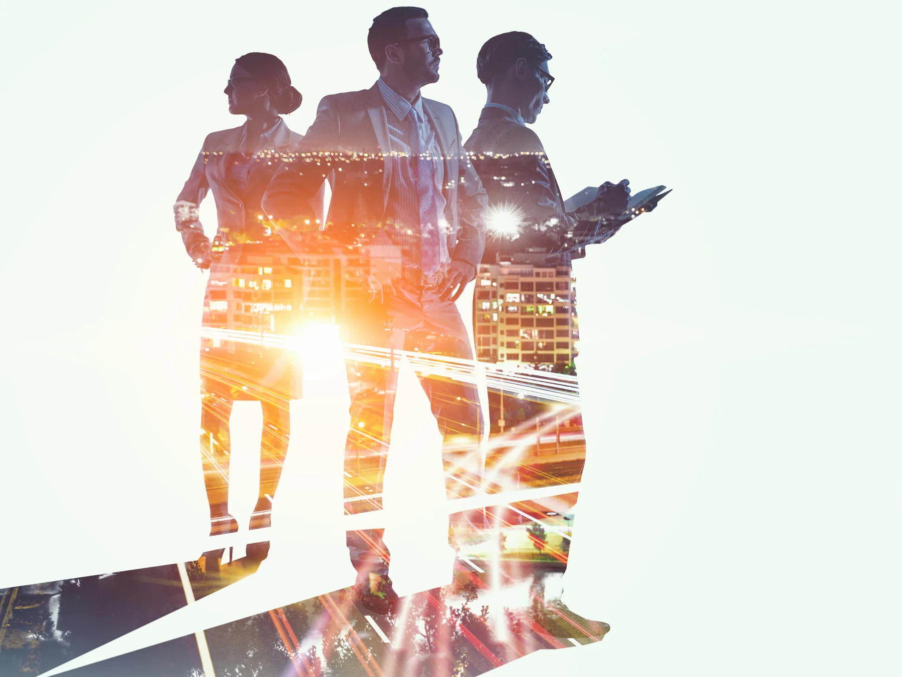 Three business owners double exposed against a city at sunrise